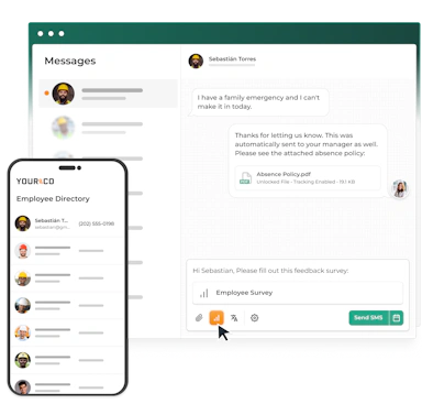 Yourco showing a mobile Employee Directory and an SMS chat where a manager shares the absence policy and sends an Employee Survey.