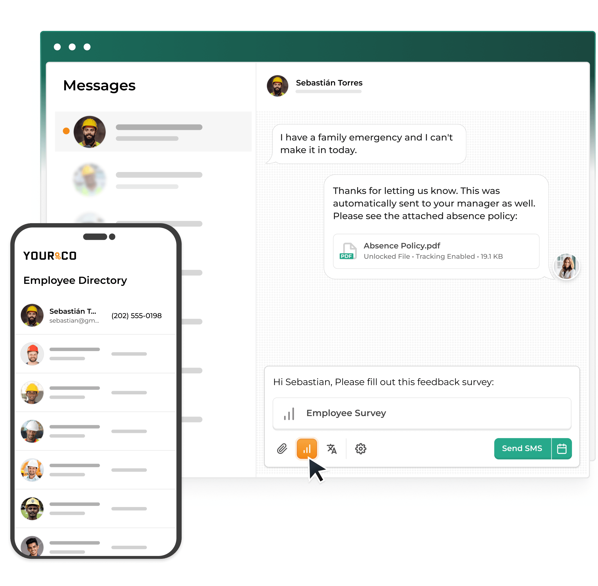 Yourco showing a mobile Employee Directory and an SMS chat where a manager shares the absence policy and sends an Employee Survey.