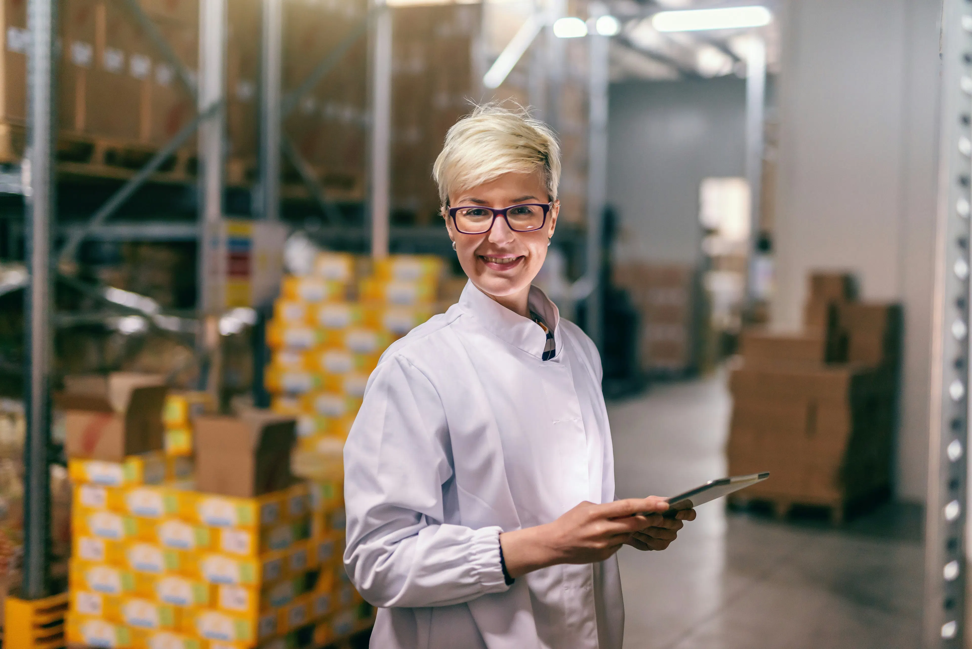 Smiling warehouse worker in a white coat holding a tablet