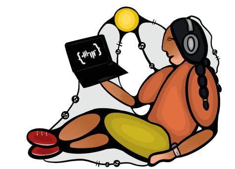 Œuvre d'art représentant une femme autochtone tenant un ordinateur portable