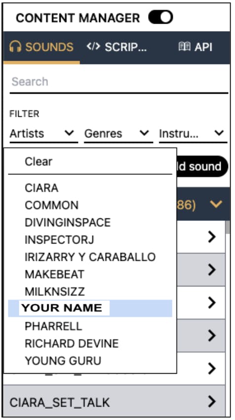 Artists' List in Content Manager