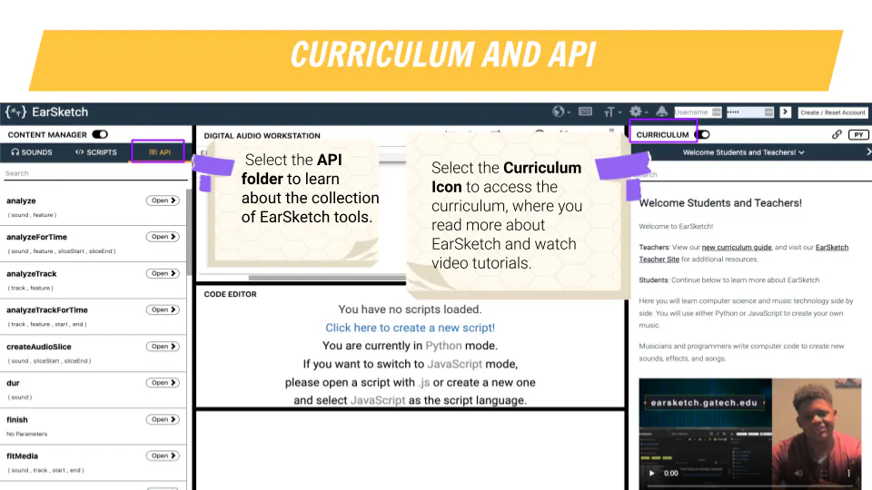 Screenshot of Earsketch website, showing the API button in the top left corner, and the curriculum icon in the top right corner.