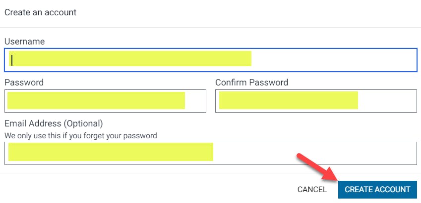 Username and password screen for account creation