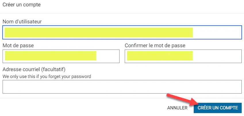 Create Account screen with username and password fields