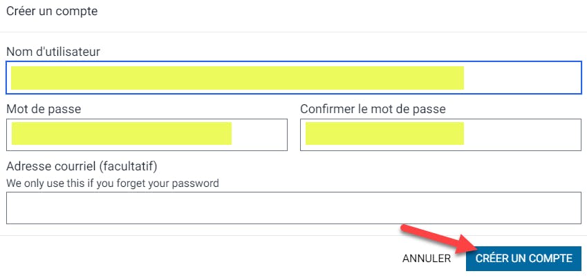 Create Account screen with username and password fields
