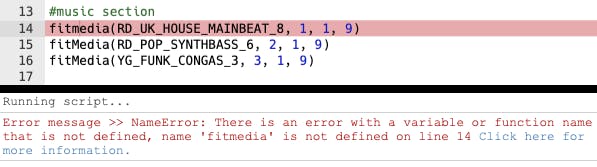 Image of an error in the code. The line of code with an error is highlighted in red, and a description of the error is displayed below in red writing. 