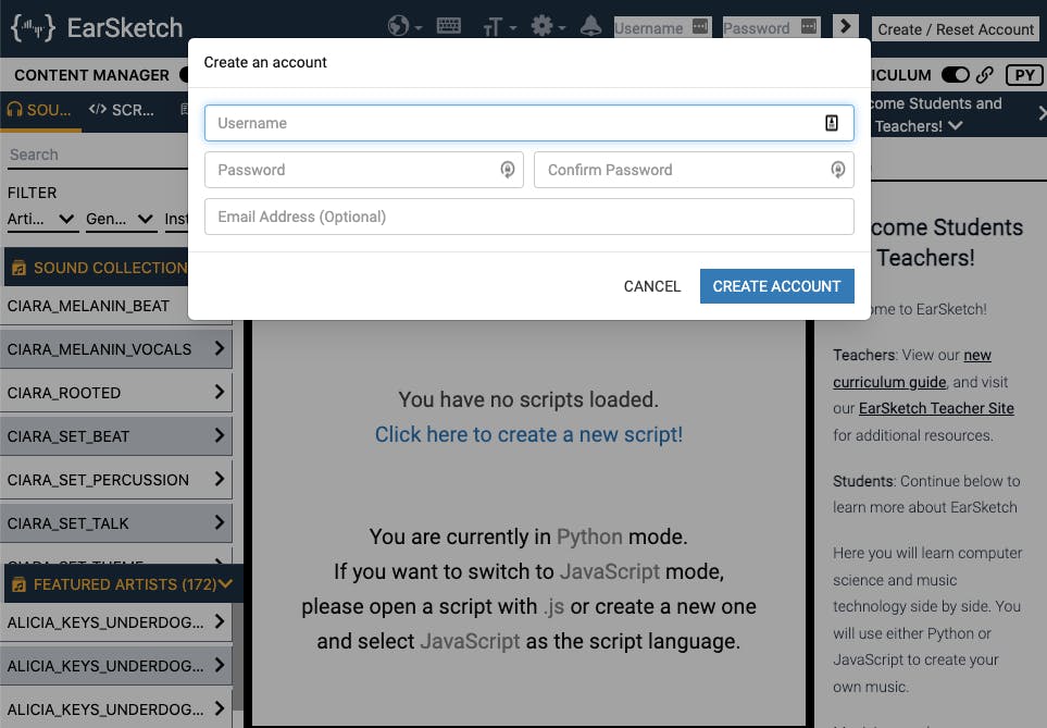 Screenshoot of Earsketch website, with the "create account" form open
