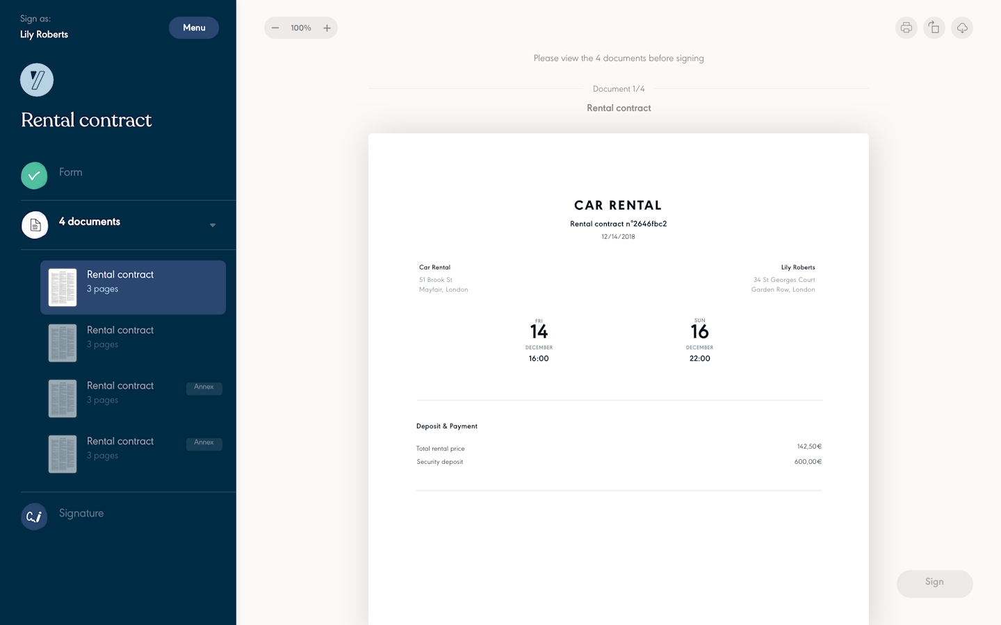 flusso di lavoro del contratto di noleggio