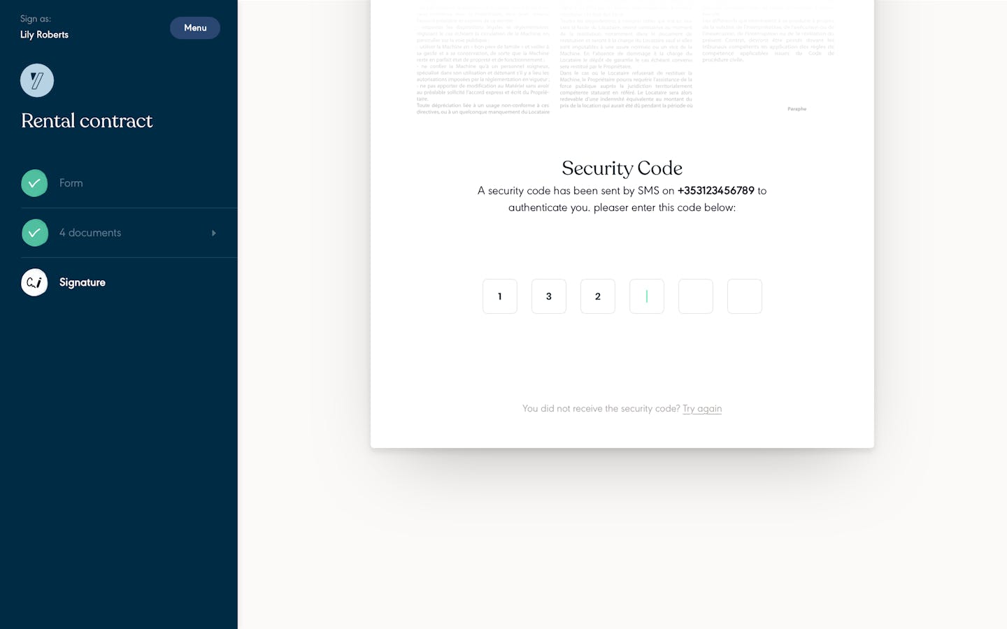 Security code on the eSignature app