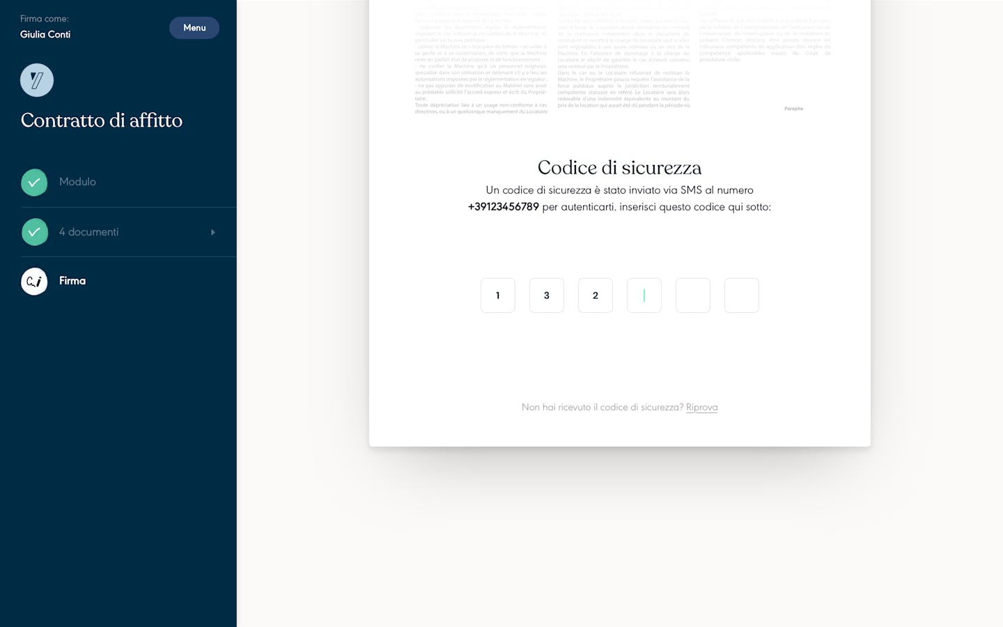 Codice di sicurezza sull'app eSignature