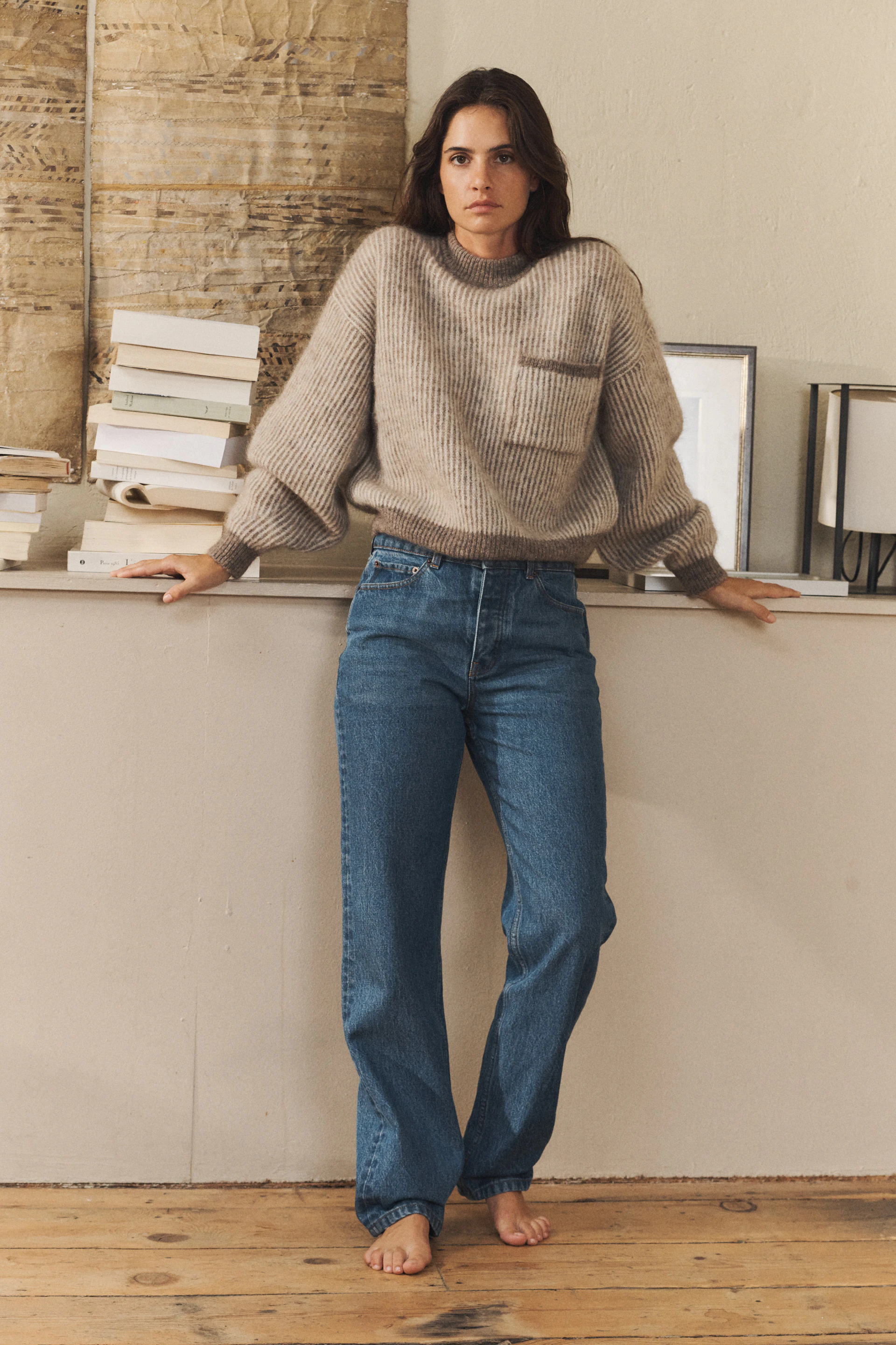 Pull Songe du soir Beige chiné & Jean droit À travers les saisons Bleu medium