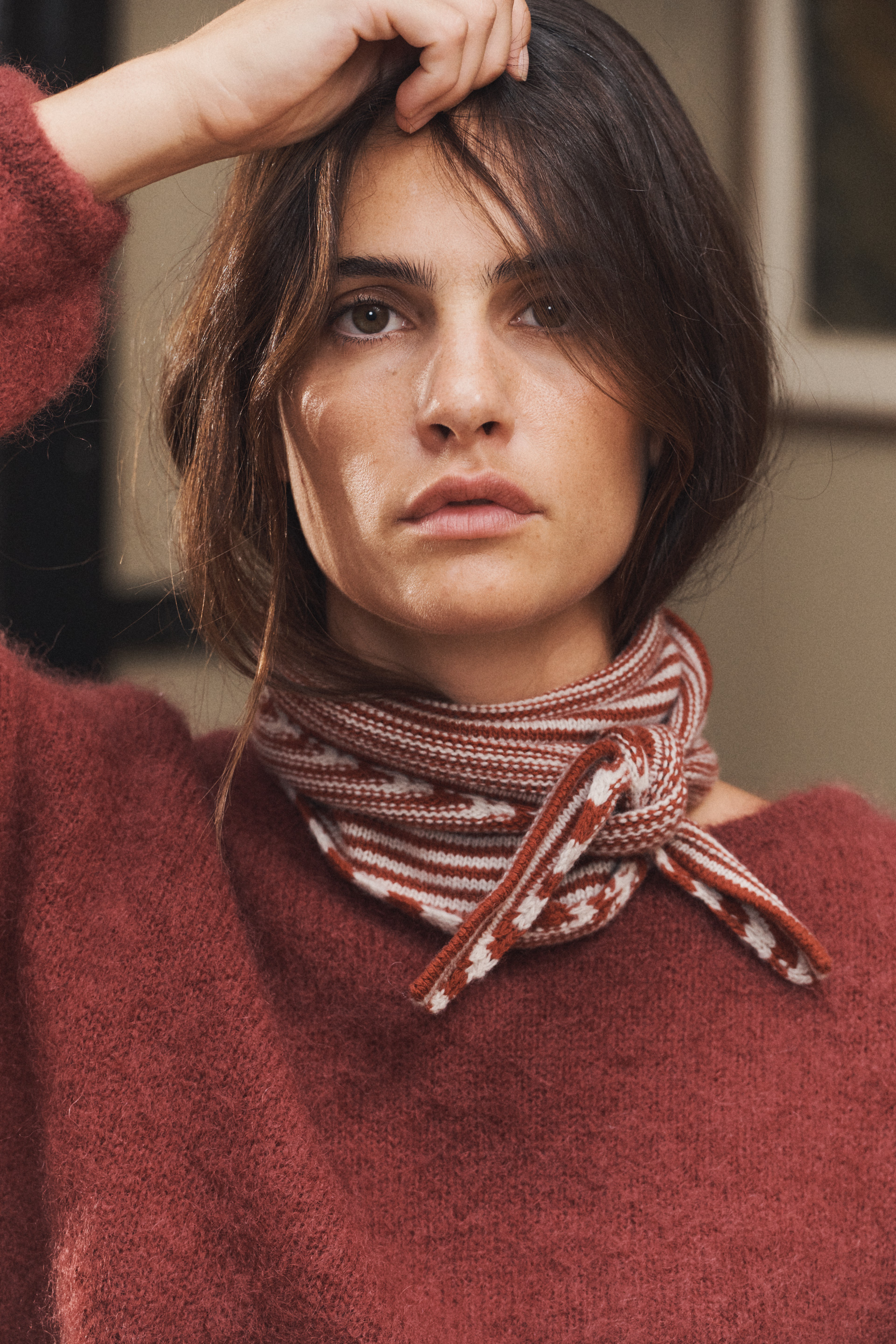 Bandana Pablo Rayure chocolat / bleu brume & Pull Les grands nuages Rouille