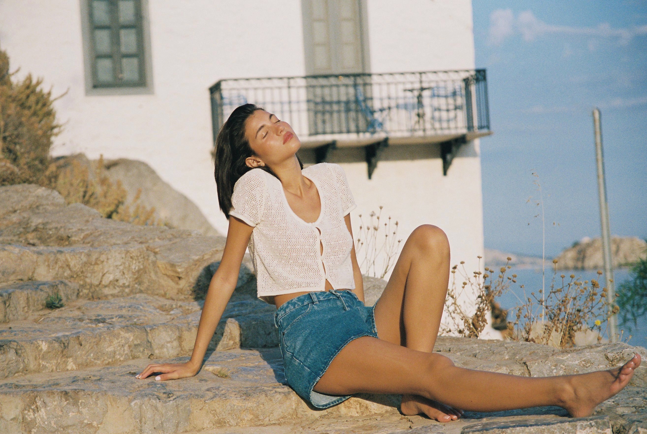 Top Été indien Vanille et Short Eternel été Bleu