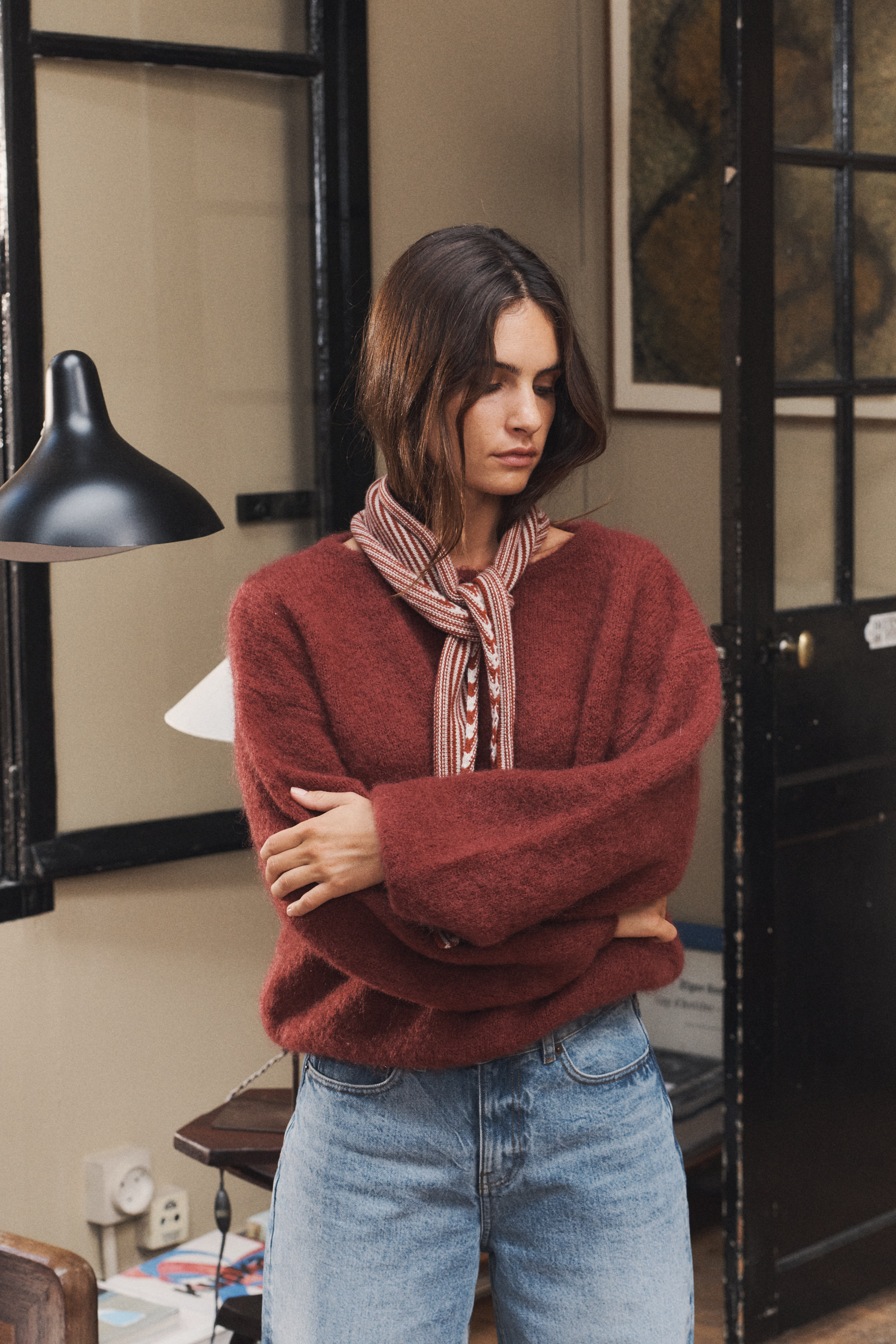 Bandana Pablo Rayure chocolat / bleu brume & Pull Les grands nuages Rouille