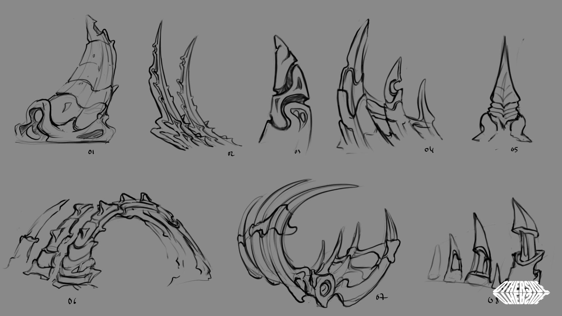 Sketches of hero assets that are prominent features of the Bone environment. 