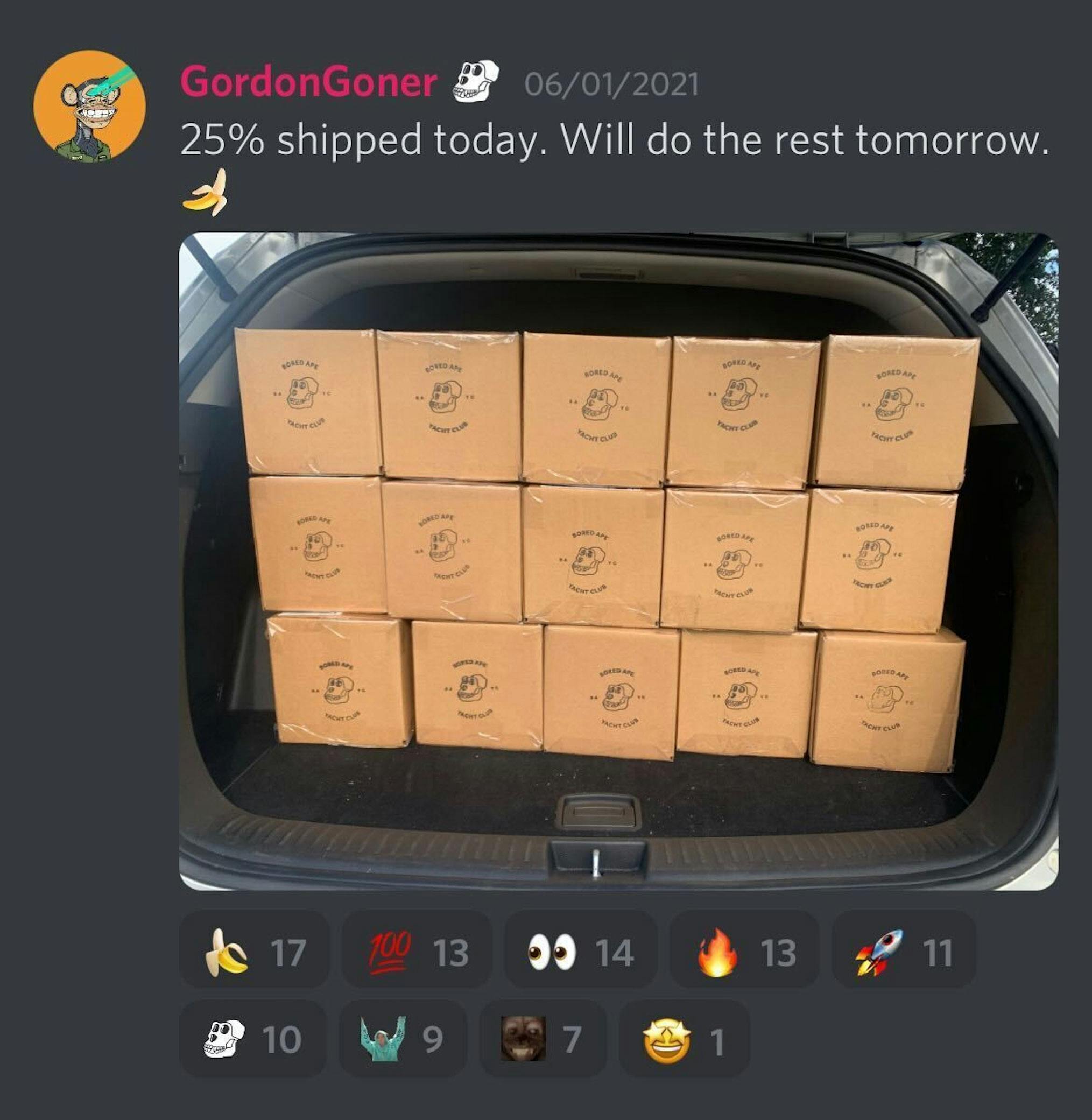 Screenshot of twitter showing merch boxes in trunk of car