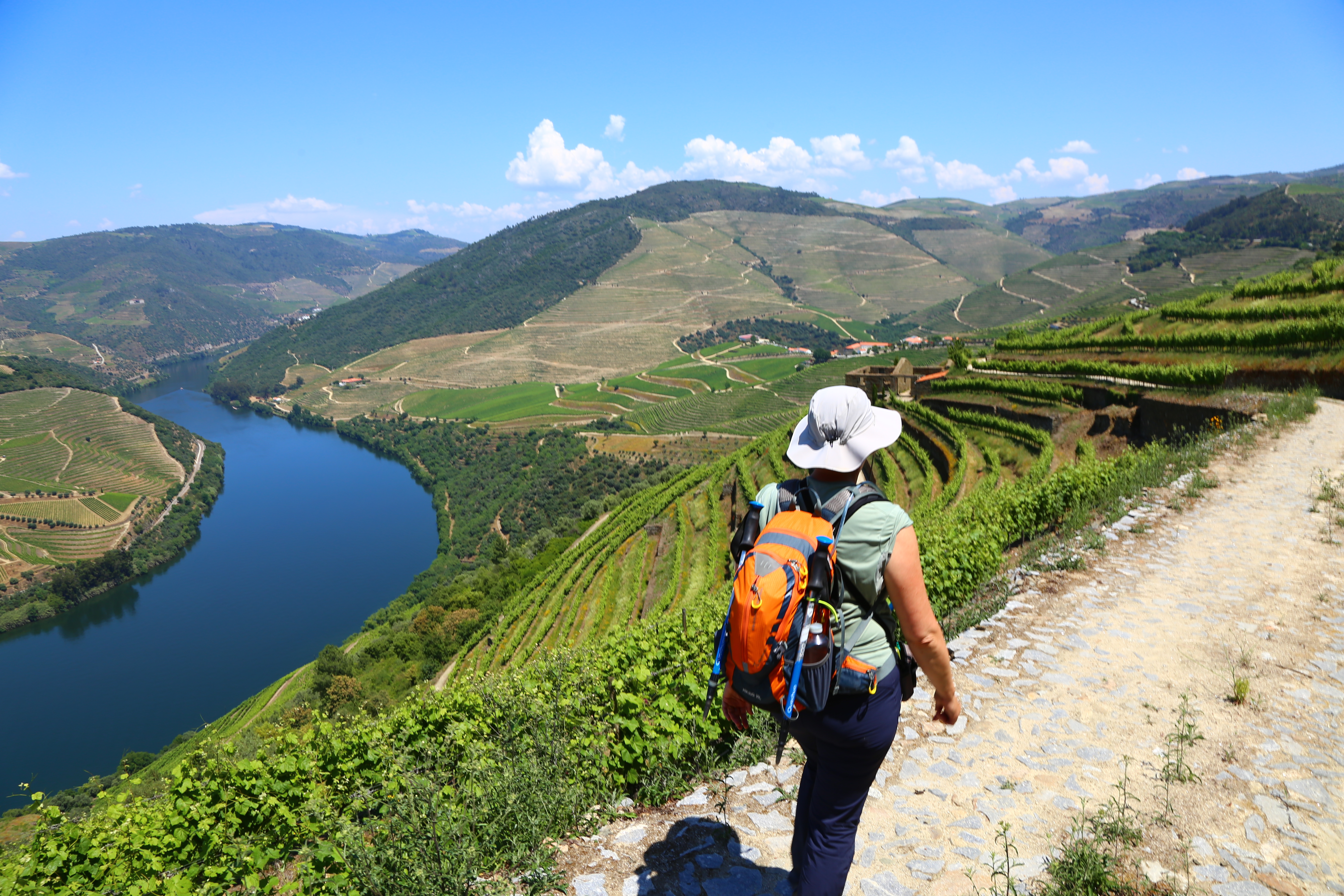 An adult Caucasian woman in a short sleeve green top and beige bucket hat and orange backpack with hiking poles attached walks toward the right down a packed dirt path in Portugal's Douro region. Terraced vineyards are to the left, and the sparkling blue Douro River is also to the left, curving through the valley.