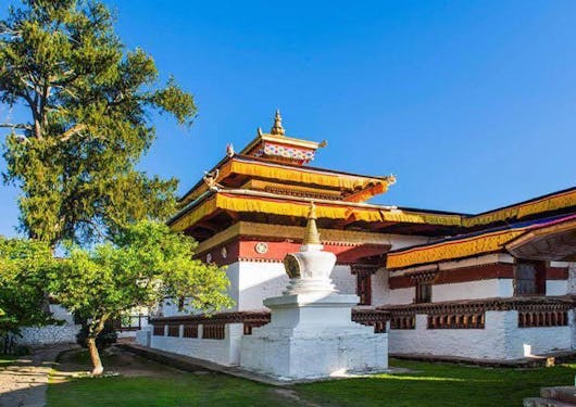 Kichu Lhakhang is shown in Paro, Bhutan.