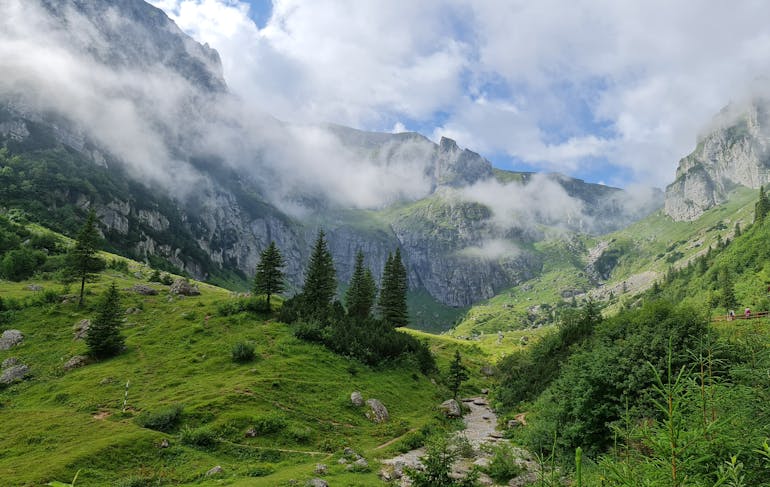 Clouds are sliding across tall rocky mountains. The foreground shows rolling grassy hills and a sprinkling of trees.