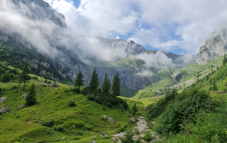 Clouds are sliding across tall rocky mountains. The foreground shows rolling grassy hills and a sprinkling of trees. 