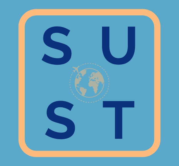 A blue square background, with a light orange square frame inside, with the letters S and U on the top row, and the letters S and T directly below them, and a small orange globe in the center. This is the logo for the Sustainable Synergies in Tourism community.