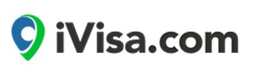 A blue and green map location marker icon is to the left of black text that says iVisa.com