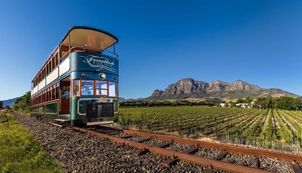 A quaint double decker tram near Franschhoek is heading towards us on brown tracks, with green vineyards in the distance under a perfectly blue sunny sky in South Africa Cape Winelands. 