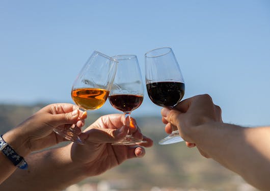 3 arms outstretched, each holding up a glass of wine, cheers-ing in the sunlight. The wine is orange or red depending on the glass.