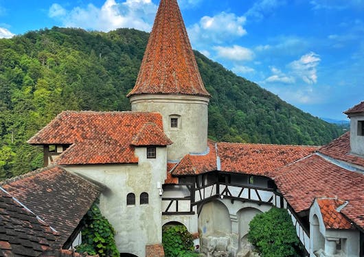 Bran Castle in Romania is shown in the sun, with its red rooftops contrasting brightly against the green trees in the background and the blue sky above.