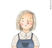 A headshot cartoon depiction of a young Caucasian woman wearing a short sleeve button up shirt under overalls with short, straight blond hair, smiling.