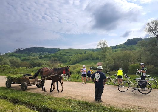 A group of 4 adult Caucasian bikers stop their bikes along a dirt road in Romania under a cloudy sky. They are looking at a route map and taking a picture of a dark brown horse pulling a cart, who's local owner is standing nearby with this back to the camera. There are rolling green hills in the background.