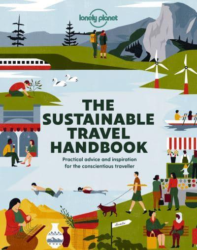 The cover image for the Sustainable Travel Handbook shows various images of travel like trees, desert, swimming, kayaking, etc. surrounding the title book text.
