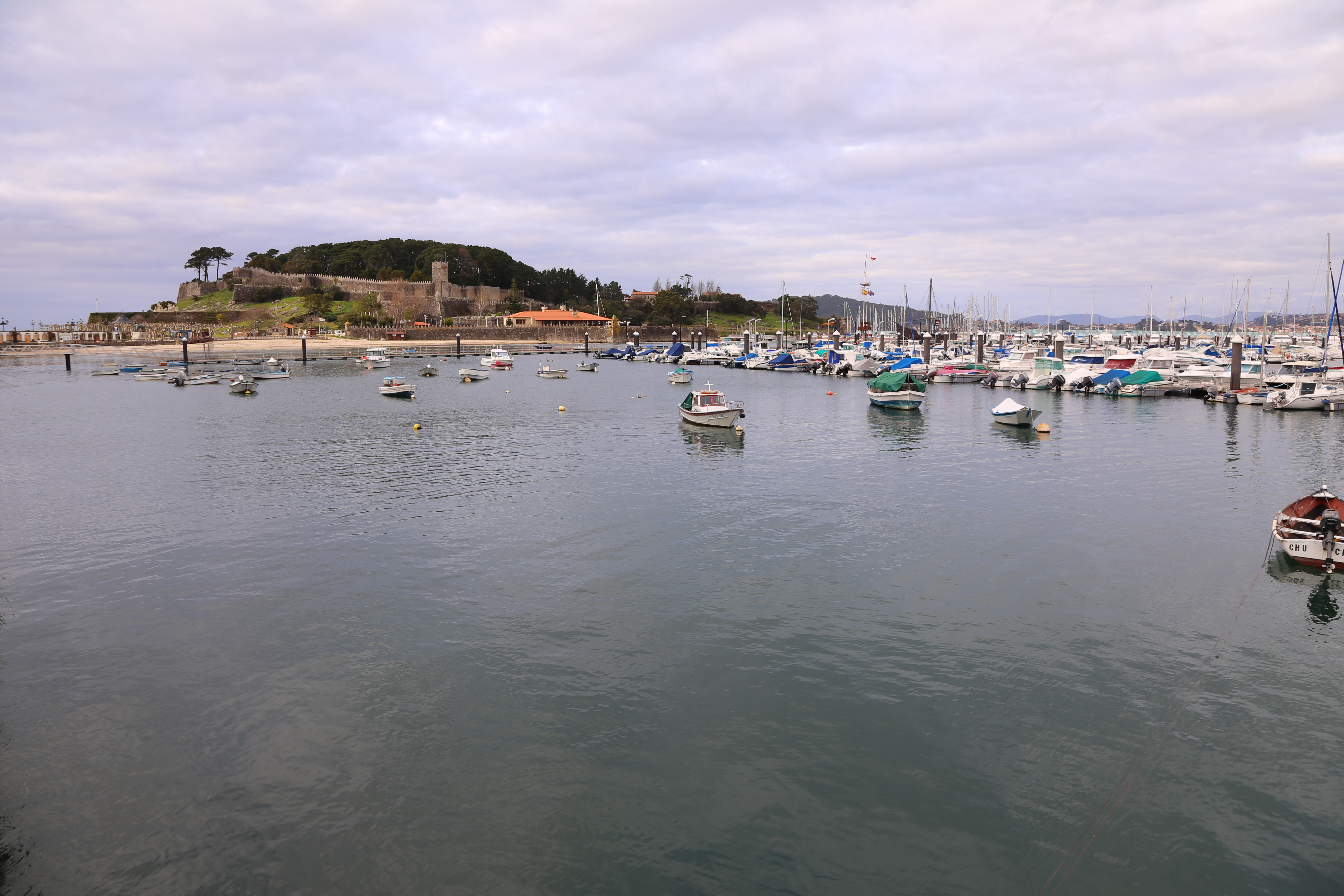 A harbor with myriad small fishing boats is under a cloudy sky along the Atlantic Coast of the Camino de Santiago in Portugal.