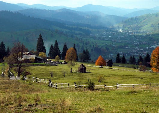 A green field in the foreground has orange trees and brown wooden fences, there are rolling hills dotted with houses in the background.