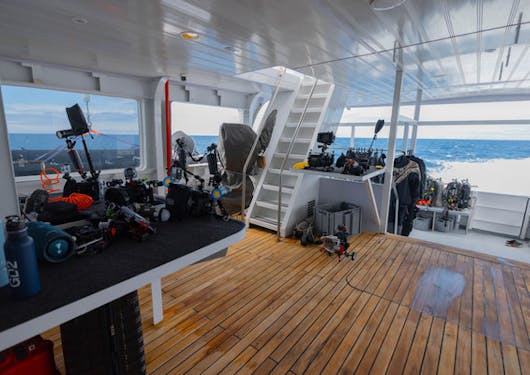 The interior diving deck with dive gear on the counter is shown on the luxury yacht used for the Galapagos Citizen Science scuba diving trip.