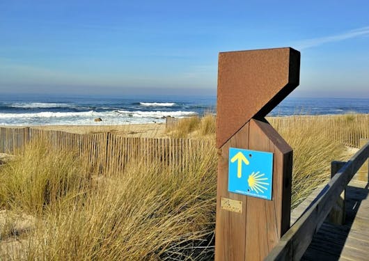 A wooden Camino de Santiago trail sign points the way along a beachside boardwalk.