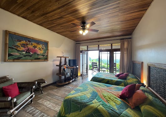 A room is shown at a resort in Costa Rica with two single beds with mixed green duvet covers and a window at the far end.