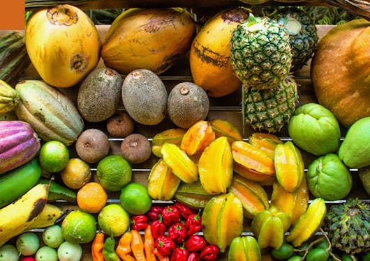 A beautiful, multi-colored bounty of fresh, locally grown products are shown in Costa Rica, including peppers, citrus, and more.