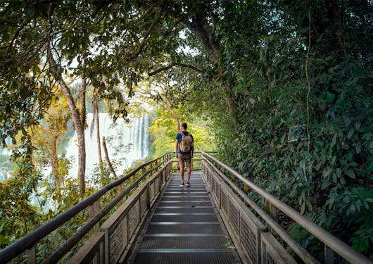 An adult male walks along a wooden boardwalk through nature, surrounded by jungle, with a waterfall visible on the left hand side through a break in the trees.
