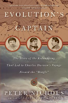 The cover of the book 'Evolution's Captain' is shown with muted grey and sepia tones under the title and brief description text.