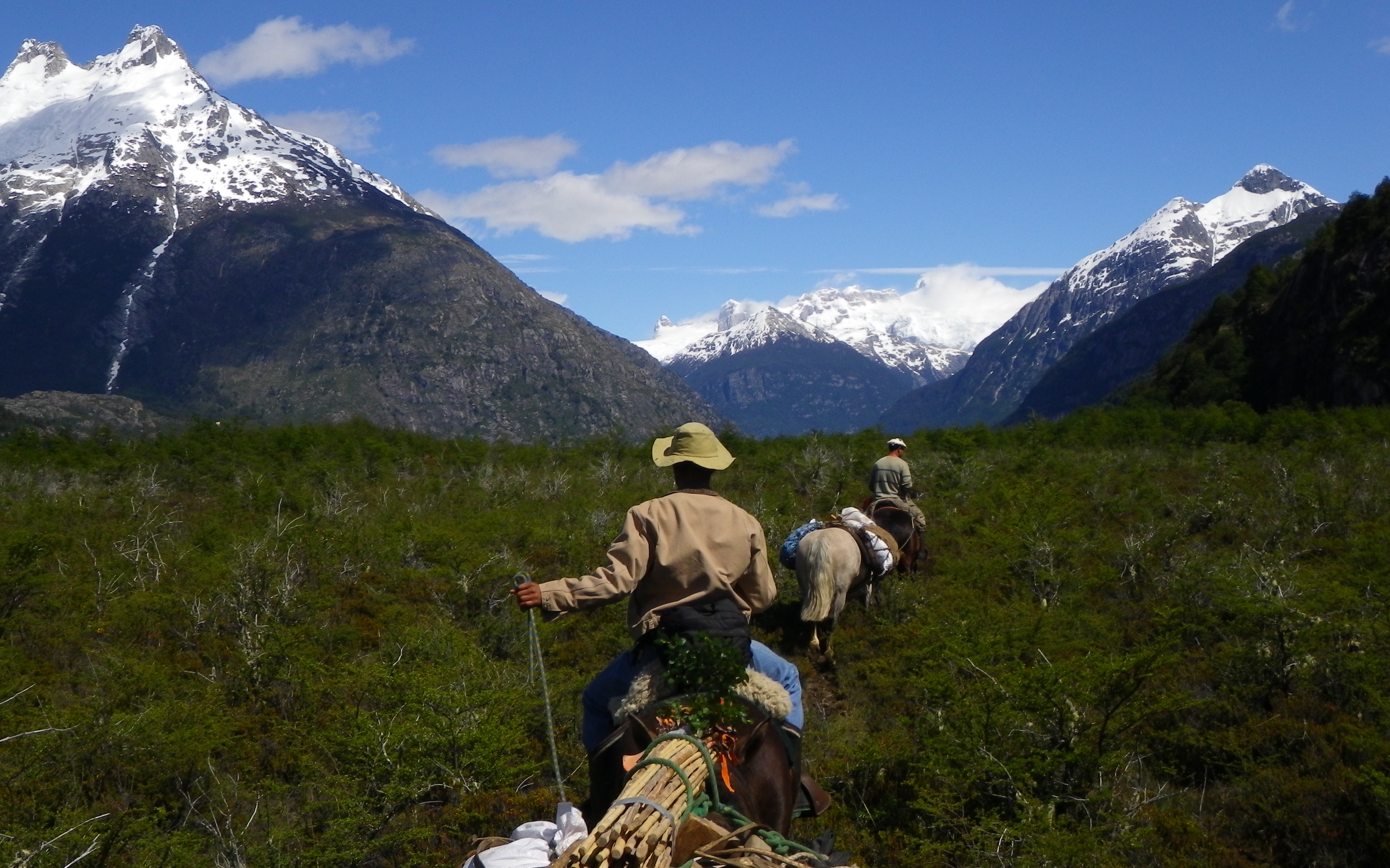 Gauchos (traditional cowboys from South America) ride horseback with gear towards snow-capped mountains. They are in the wild wilderness of Chilean Patagonia during a responsible supported trek along the El Gaucho Way.