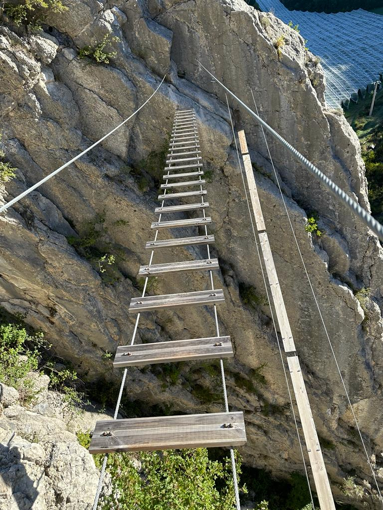 A wooden suspension bridge is shown along a Via Ferrata route in the French Alps.