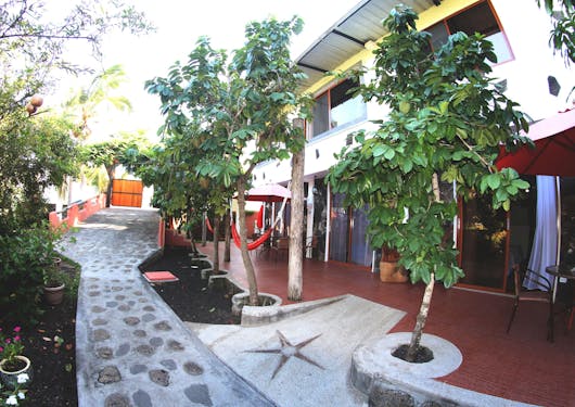 The outside of the accommodations is shown on the Galapagos Islands for the Scuba Dive & Stay Certification Package. It's a stone path with trees and room entrances to the right.