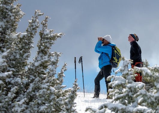 Two adult males bundled up for cold weather stand in lightly snow covered terrain looking in the distance; one is using binoculars. There are snow-dusted trees in the foreground.
