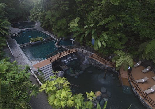 The Eco Termales hot springs are shown from above in Costa Rica, in Arenal National Park.