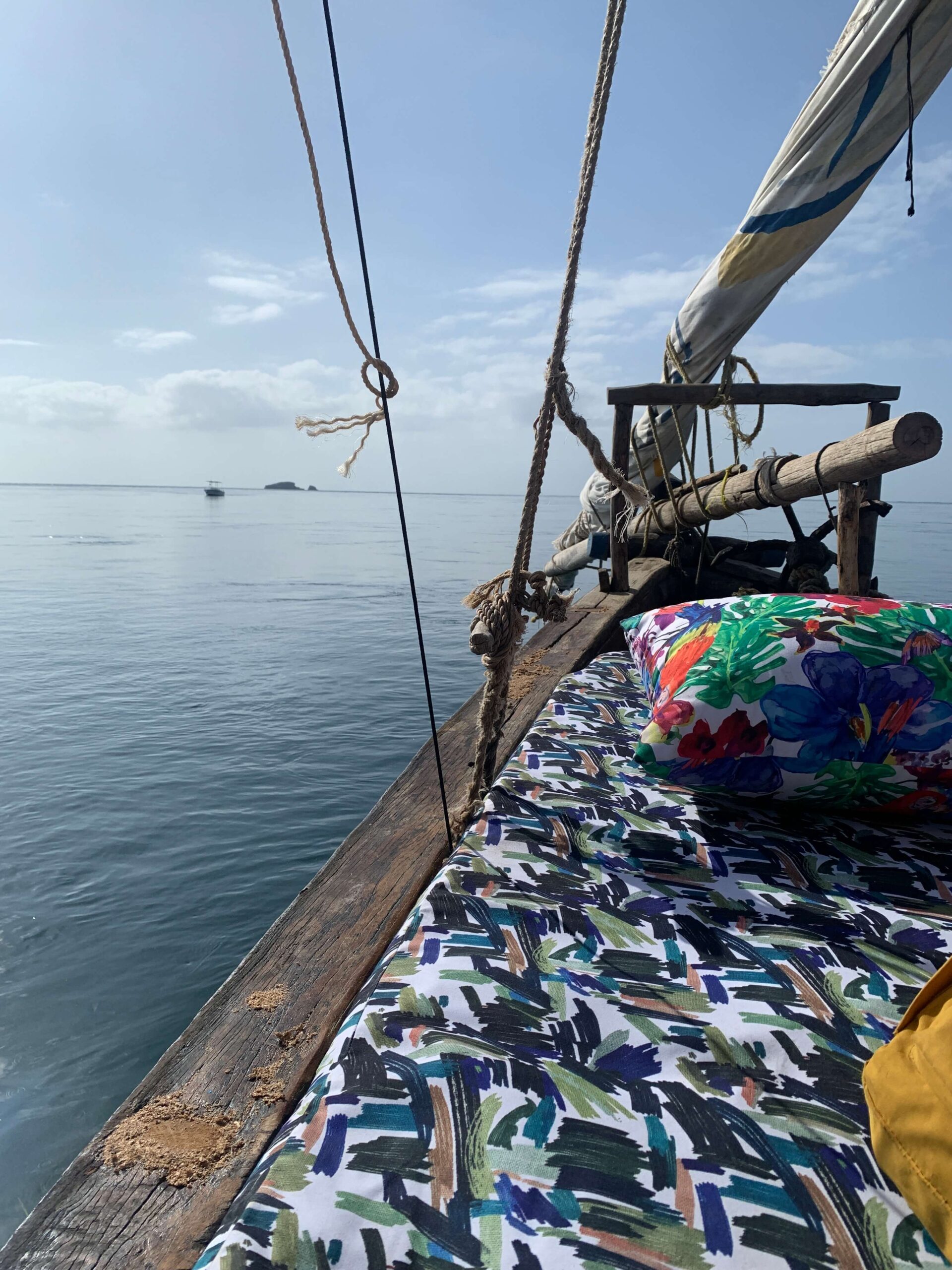 The front of a traditional dhow boat is shown in Kenya.