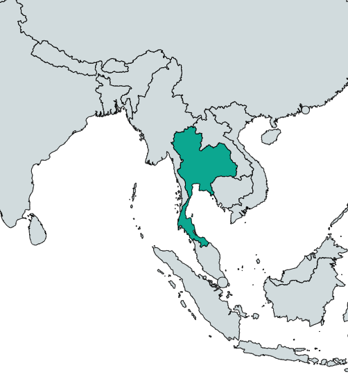 The country of Thailand is highlighted in teal on a world map of Asia