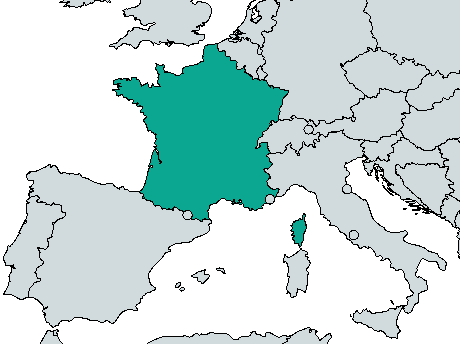 The country of France is highlighted in teal on a world map of Europe.