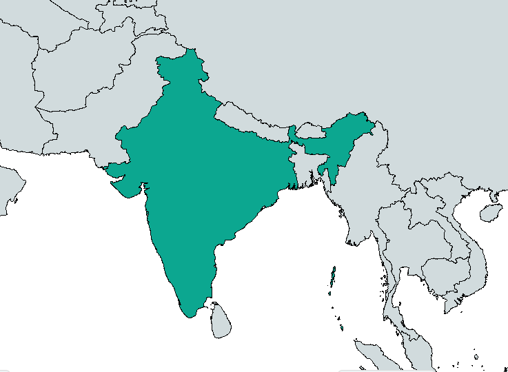 The country of India is highlighted in teal on a world map of Asia