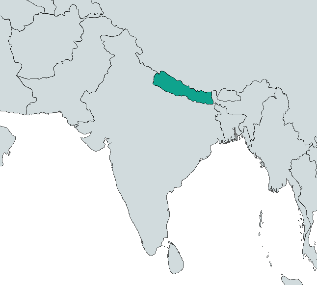 The country of Nepal is highlighted in teal on a world map of Asia